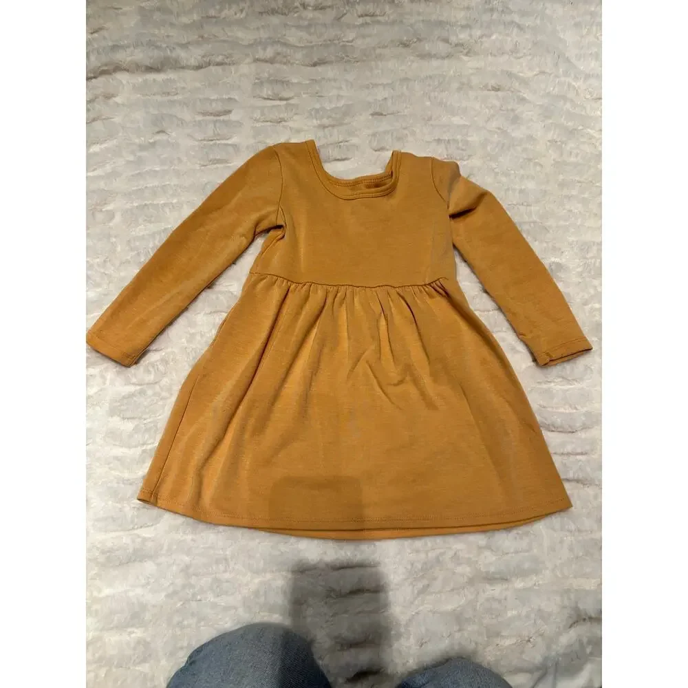 Cat & Jack Mustard Long Sleeve Knit Dress Girls XS 4/5 Cottagecore Playtime